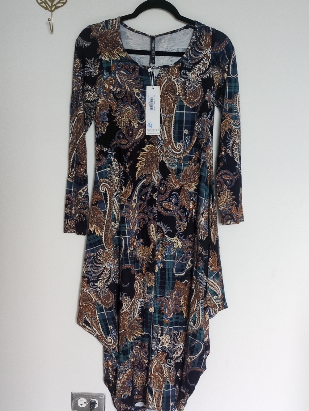 Long Sleeve Paisley Plaid Asymmetrical Dress in Navy and Brown